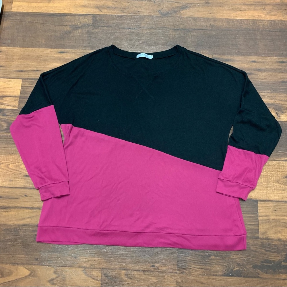 Women's Long Sleeve Color Block Tunic Tops Loose Pullover Sweater 2XL Black Pink